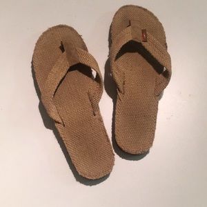 Rainbow burlap flip flops